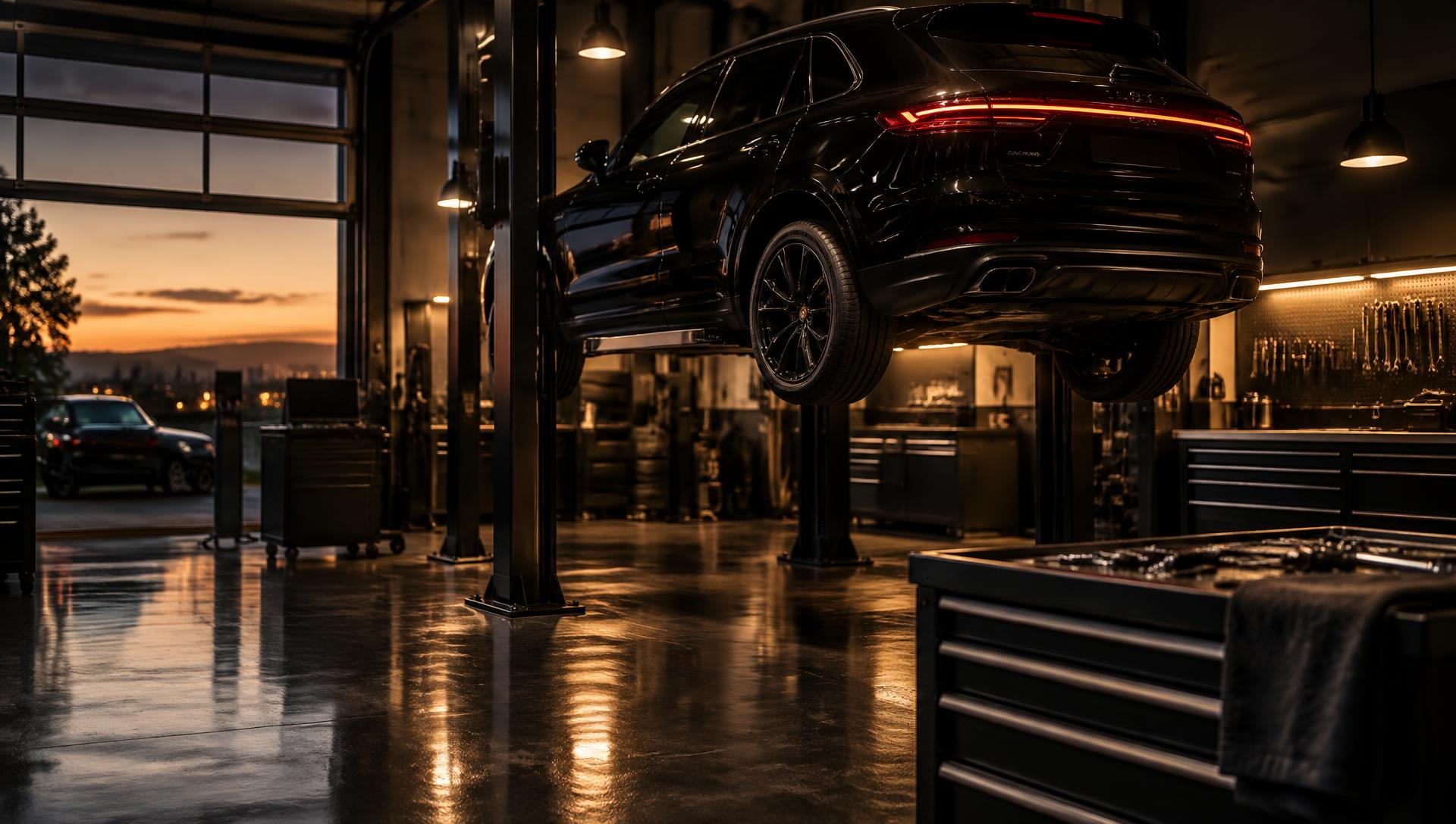 Car on a lift inside a modern garage